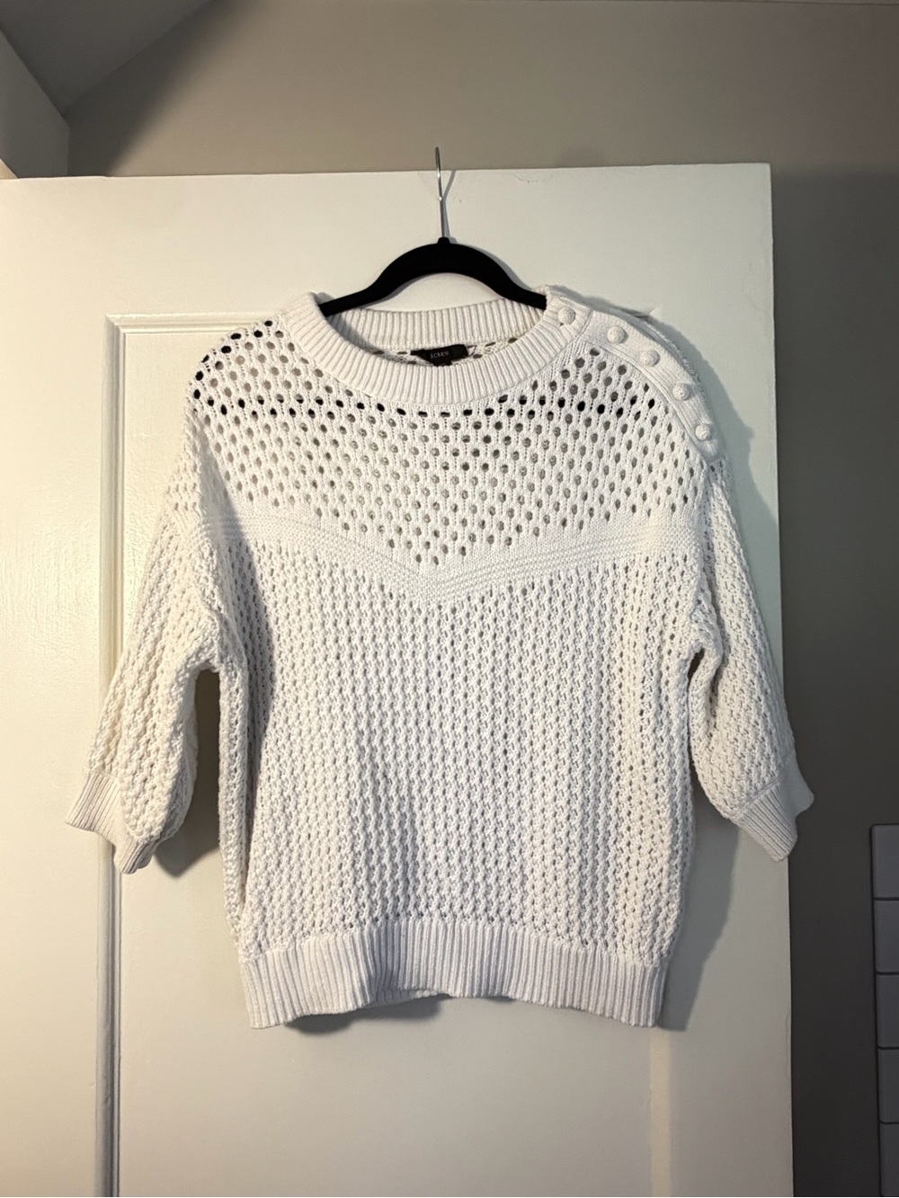 J.Crew White Cotton Open-Knit Crocheted Sweater with Shoulder Buttons - XS
